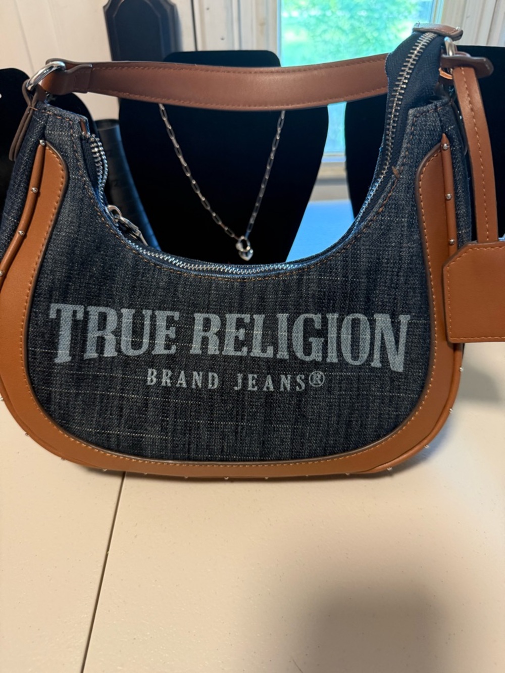 True Religion Blue Denim Hobo with Brown Trim